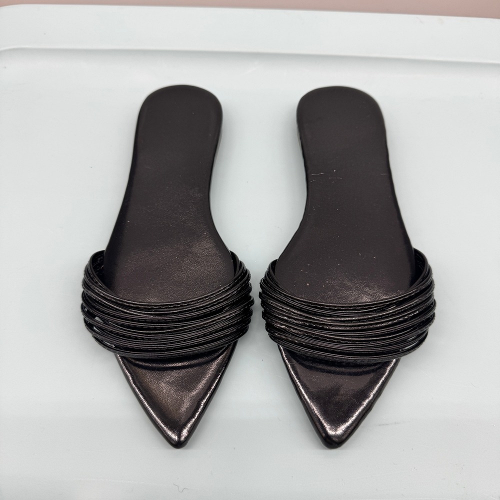 Size 37 - Womens Black Pointed Toe Multi Strap Slide Sandals Flat Slip On Shoes